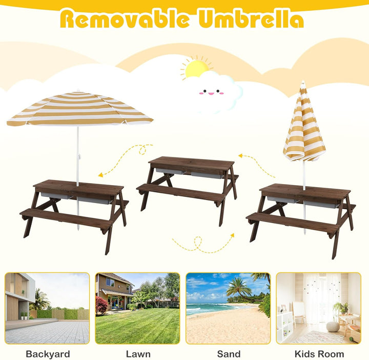 Kids Picnic Table, 4 in 1 Sand and Water Tables W/Detachable Tabletop, 2 Removable Play Boxes, Foldable & Height Adjustable Umbrella, Wood Sensory Table and Bench for Outdoors, Indoors (Brown)