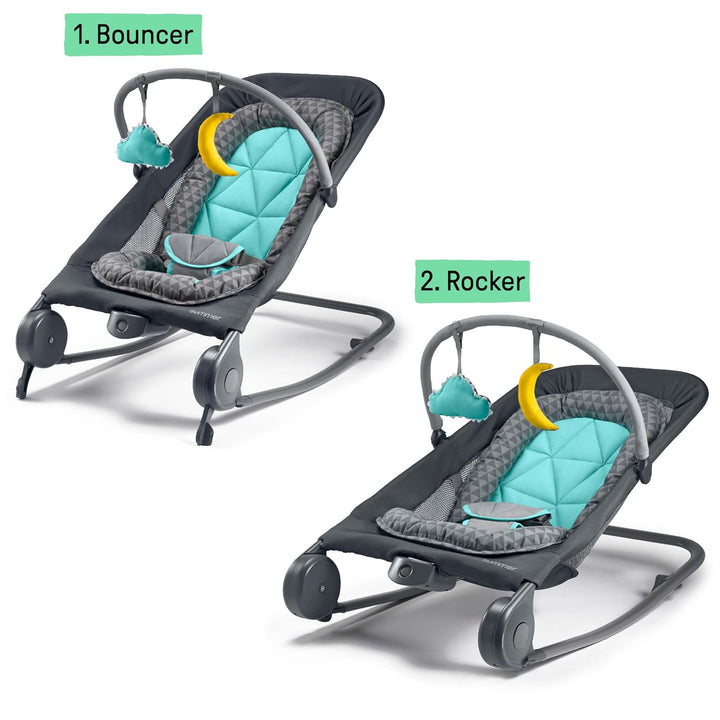 2-In-1 Bouncer & Rocker Duo (Gray and Teal) Convenient and Portable Rocker and Bouncer for Babies Includes Soft Toys and Soothing Vibrations