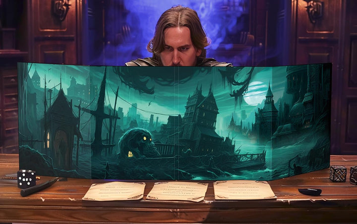 DM Screen 4-Panel Cardboard Game Master Screen with Erasable & Clear Pockets, Gloomy Castle Artwork Game Master Shield Tool for Dungeon Master and RPG Player (Style B)