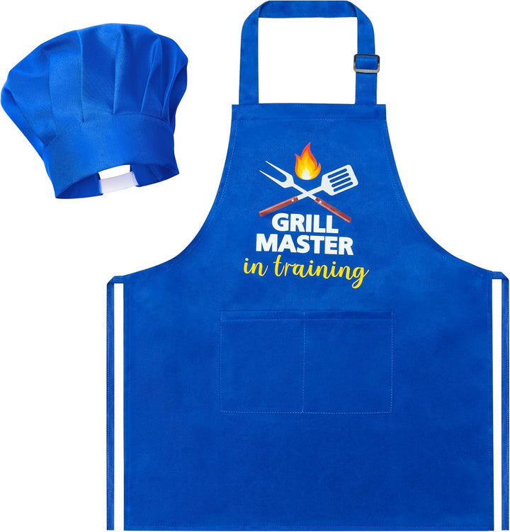 2 Pcs Kid Apron and Chef Hat Set, Adjustable Children Blue Kitchen Apron Cooking Baking Painting and Training Kits Dress up Role Play Chef Toy Kid Funny Cooking Gift New Year