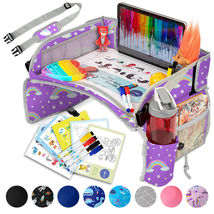 Kids Travel Tray for Car - Car Seat Tray for Kids Travel, Road Trip Essentials - Carseat Table for Roadtrip Activities - Must Have Toddler Lap Desk Organizer for Airplane - Car Accessories