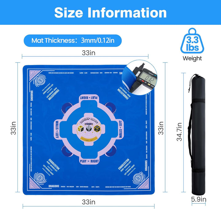 Mahjong Mat (33"X33") Noise Reduction Non-Slip, American Mahjong Mat for Table with 3 Dice & Carrying Bag, Waterproof Surface Mah Jongg Mats for Poker, Card, Dominoes, Board & Tile Games (Blue)