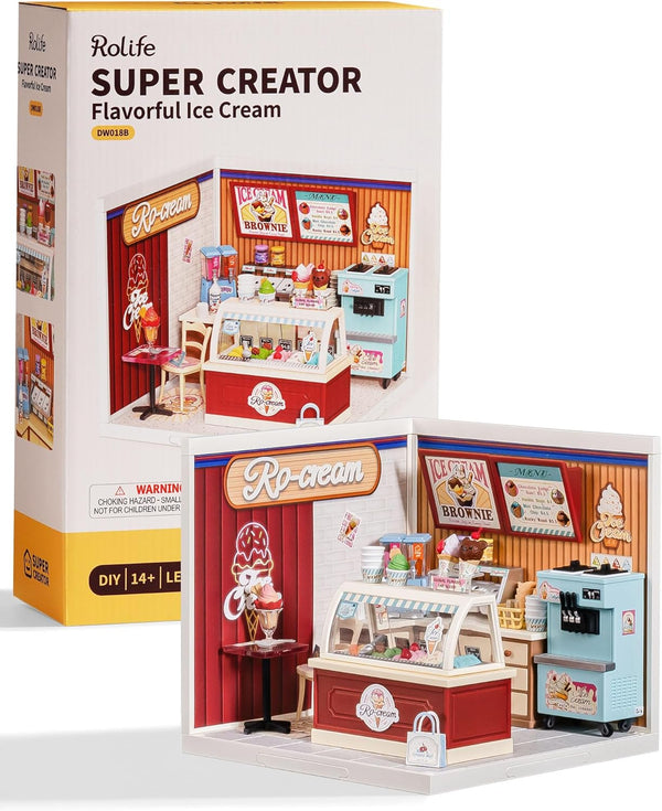 Super Creator Series, DIY Mini Ice Cream Store Dollhouse House Kit, Bulid Scenary for Action Collectible Figures,Creative Gifts for Women Kid Adults