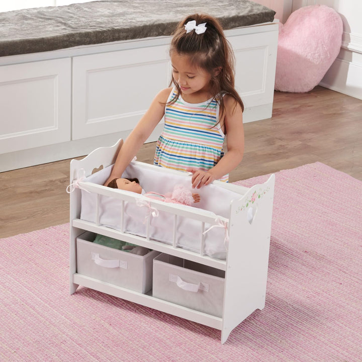 Wooden Doll Bed with Bed Liner, Pillows and Two Storage Baskets - Fits 18" Dolls - Ideal for Pretend Play and Baby Doll Fun - White/Rose Design with Free Personalization Kit