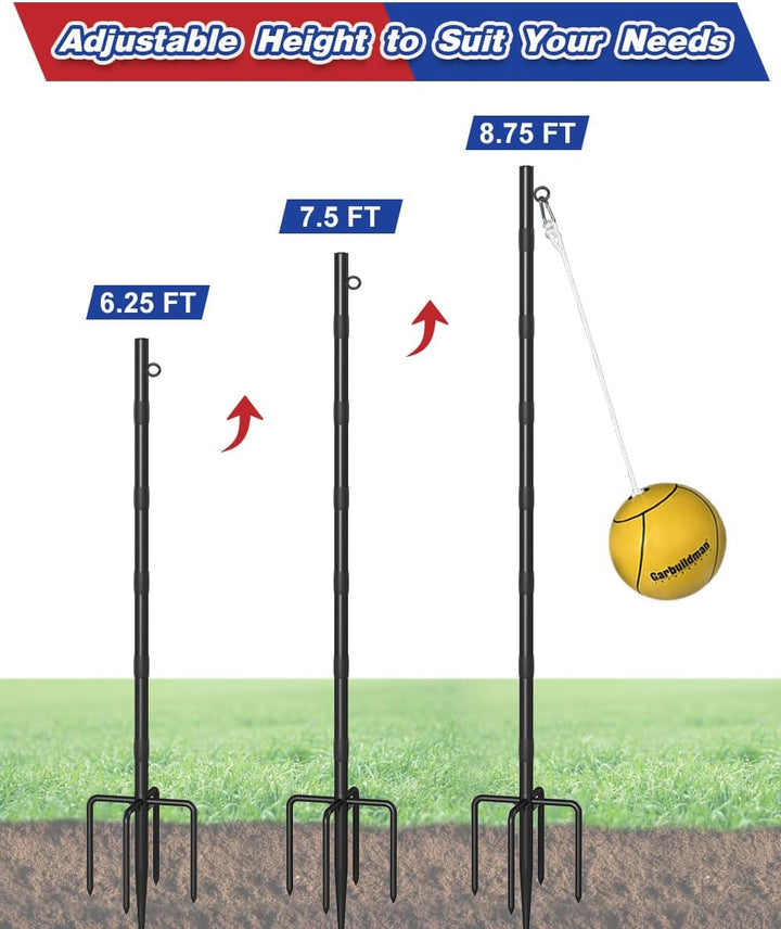Tetherball Set with Ball & Rope for Outdoor Backyard, Adjustable Tether Ball Pole with 5-Prong Base & Rubber Sleeve for Playground, outside Ball Games Sports for Kids, Adults