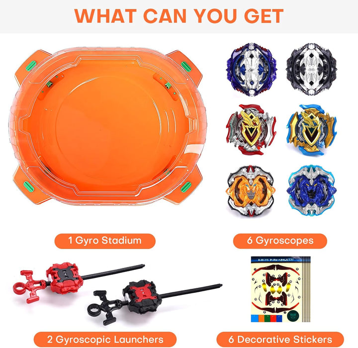 Battling Top Burst Toy Set, 6 Battling Tops 2 Launchers and 1 Stadium, Toys for 6 Year Old Boys & Girls & Up（Orange）