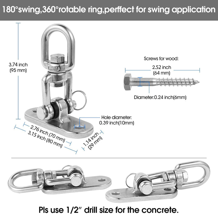 2Pcs2000 Lbs Load Capacity 304 Stainless Steel Swing Bracket Porch Swing Hanging Kit 180°C Front and Back Rotation & 360°C Rotation for Swing Set Accessories, Playground, Yoga Hammock, and More