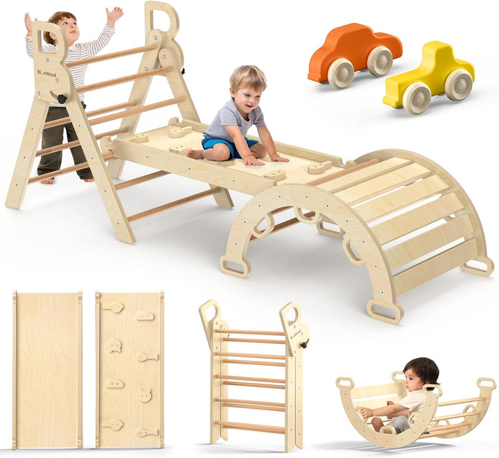 Pikler Triangle Set 7In1 Foldable Baby Climbing Toys Wooden Montessori Climbing Set with Arch&Ramp&Ladder Baby Climber Indoor Jungle Gyms for Toddlers Montessori Toys - Rainbow