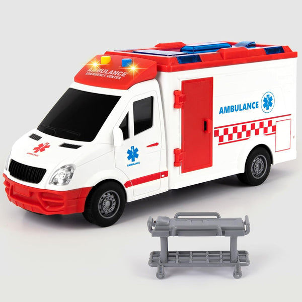 Ambulance Toy Truck for Kids 3-8, Lights & Siren, Friction-Powered 1/16 Scale Rescue Toy Ambulance, Emergency Vehicle Toys with Removable Stretcher, Doors Open for Immersive Imagination