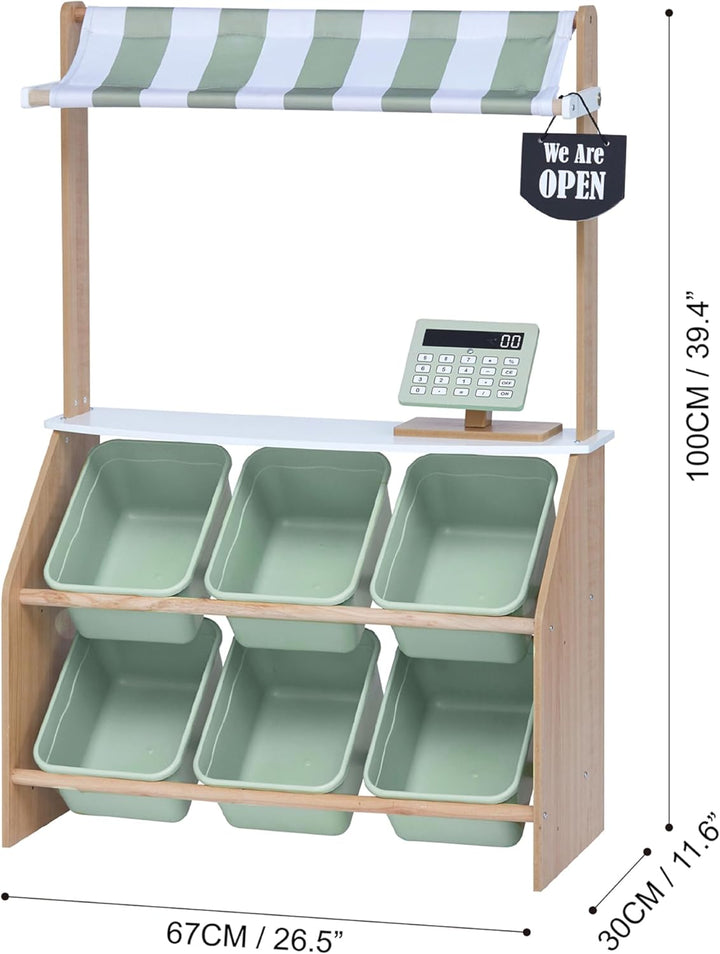 Little Helper Wooden Farmer'S Market Stand with Pretend Cash Register and 6 Plastic Storage Bins, Green, TD-13638A-AMZ