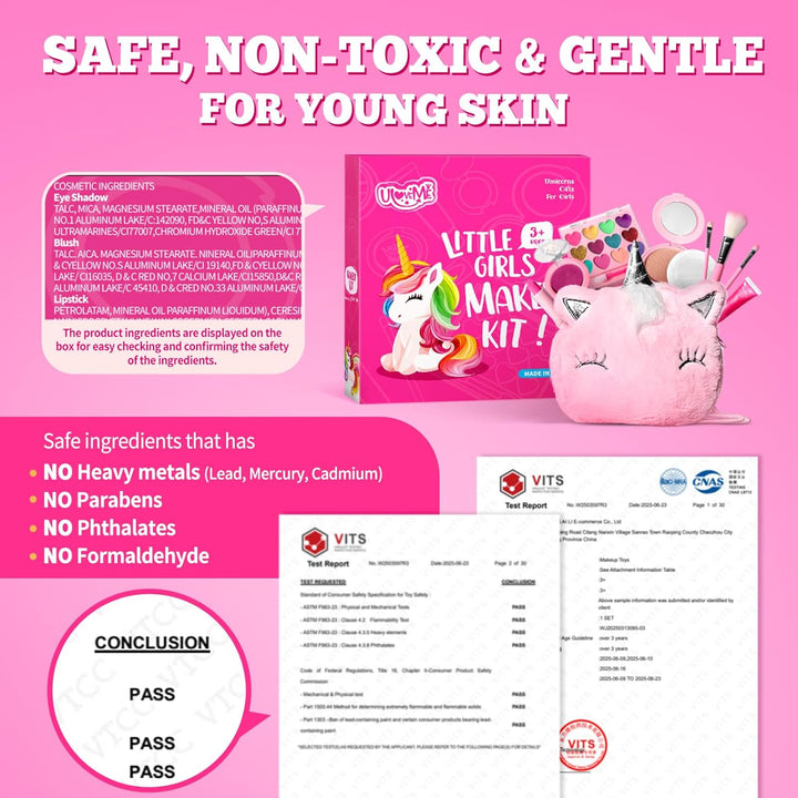 Kids Real Makeup Kit for Girls with Fluffy Purse - Real, Non Toxic, Washable Make up Toy - Umicorn Toys Gift for 3 4 5 6 7 8 Years Old Girls Birthday (Pink Umicorn)