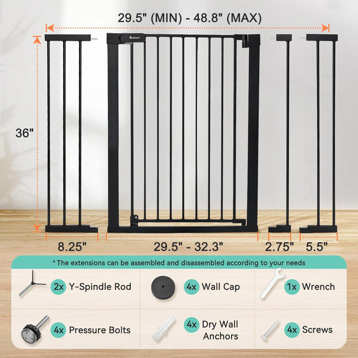 36" Extra Tall Baby Gate for Stairs and Doorways - Fits 29.5" to 48.8" Wide Openings, Auto Close Extra Wide Dog Gate for House, Pressure Mounted Easy Walk through Pet with Door, Black
