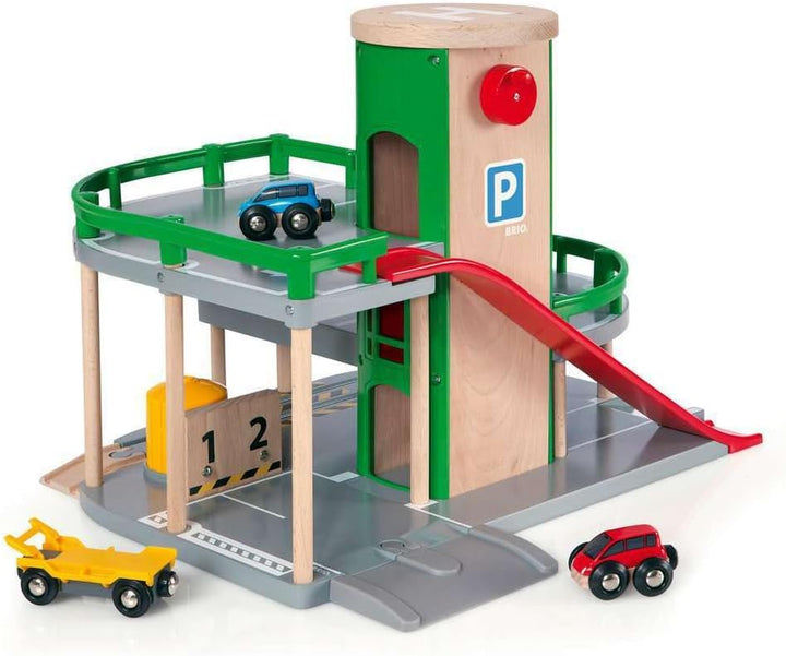 World Parking Garage - 7-Piece Wooden Toy Garage with 2 Cars, 1 Transporter Wagon, and Wooden Ramp Tracks - Works with All  Train Sets - Fsc-Certified - Sparks Creativity & Fun - Ages 3 & Up