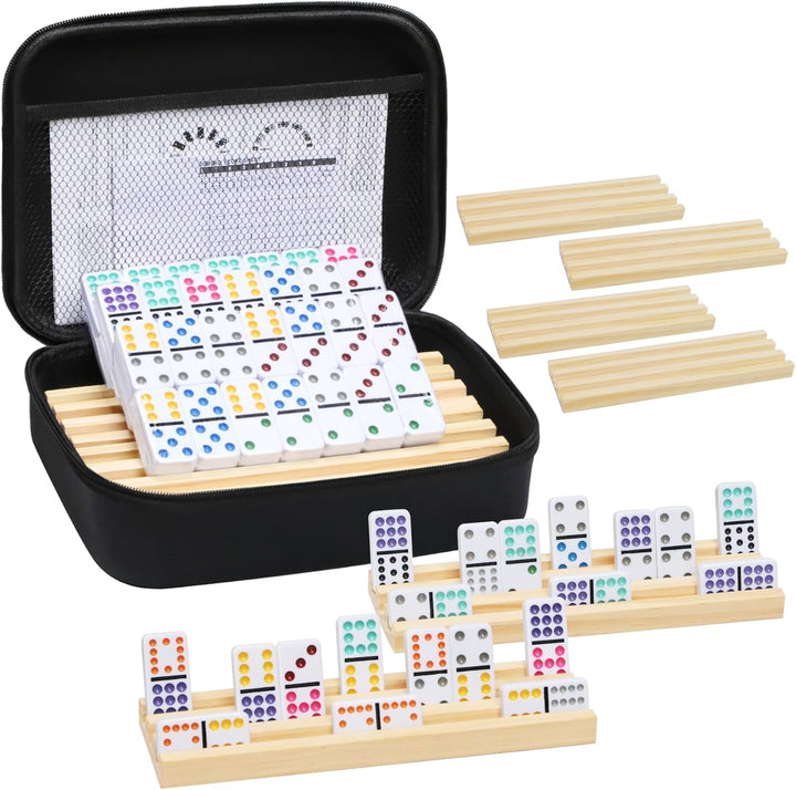 Mexican Train Dominoes Set with 4 Wooden Trays/Racks, Double 12 Dominos Travel Set with 4 Domino Tiles Holders, 91 Tiles Double 12 Colored Dominoes Game Set with Portable Case for Families Kids