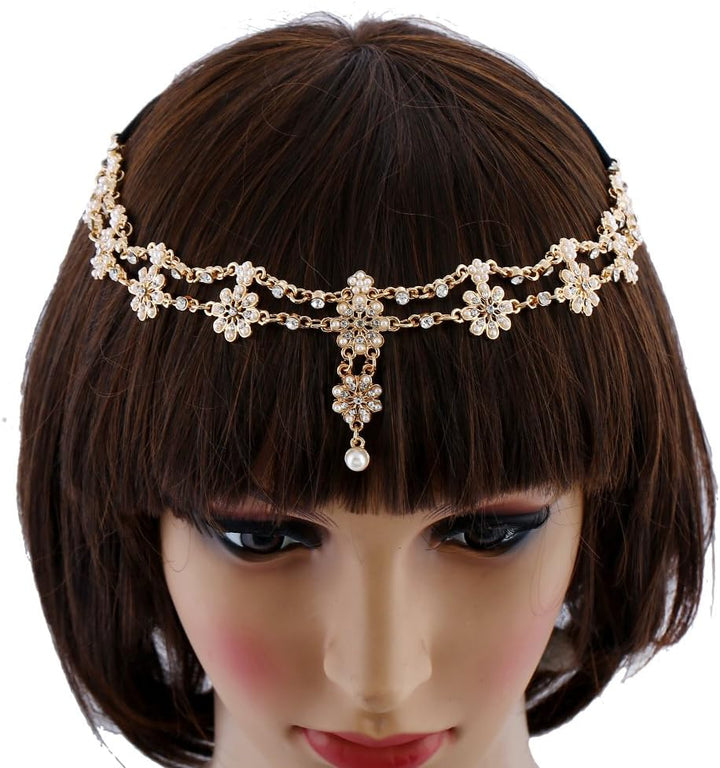 Flower Tassel Head Jewelry Women Fashion Elegant Rhinestone Elastic Head Chain Tiaras Bride Wedding Head Jewelry