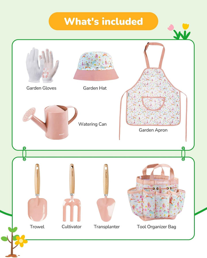 Kids Gardening Set Toys, Quality Garden Tool Kit for Kids and Toddlers, Includes Two Shovels, Garden Hat,Rake, Apron,Gloves, Watering Can, and Tool Bag (Pink)