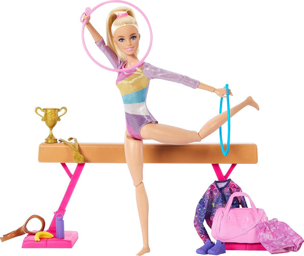 Careers Playset, Gymnastics Set with Blonde Gymnast Fashion Doll, C-Clip for Flipping Action, Balance Beam, Warm-Up Suit & Accessories