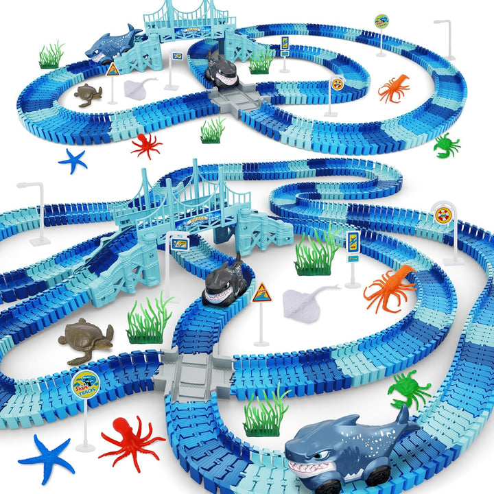 Dinosaur Toys, 252 PCS Create a Dinosaur World Road Race Tracks, Flexible Track Playset, 2Pcs Dinosaur Car for 3 4 5 6 Year Old Boys Girls Birthday Party Favor Gift