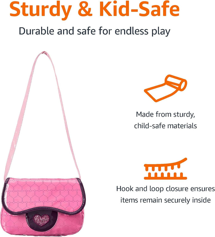 8-Piece Pretend Play Purse Toy with Accessories for Girls Ages 3 and Up, Handbag Gift Set Including Smartphone, Sunglasses, Makeup Compact, Keys and Credit Card, Pink