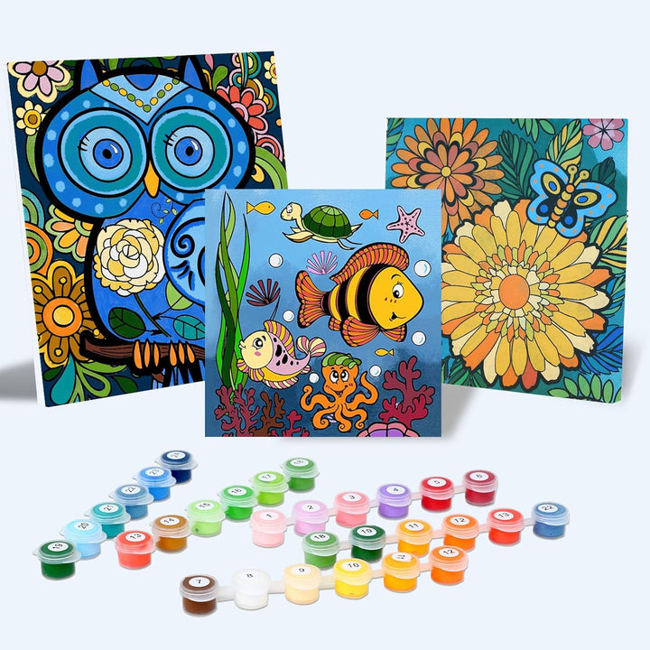 3 Pack Paint by Numbers for Kids Ages 8-12, Pre-Printed Acrylic Oil Painting, Includes (8X10, 8X9, 8X8 Inch) Framed Canvas with 30 Acrylic Paint Pots, 5 Brushes for Kids, Art Supplies for Kids 9-12