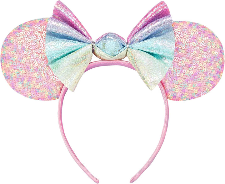 Mouse Ears, Sequin Mouse Ears Headband for Girls Women Halloween Birthday Party (Orange Bow)