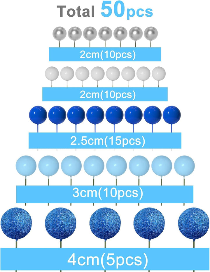 50 Pcs Ball Cake Topper Sticks Mini Balloons for Decorating Supplies Foam Balls Cake Toppers for Baby Shower, Birthday - Blue Series