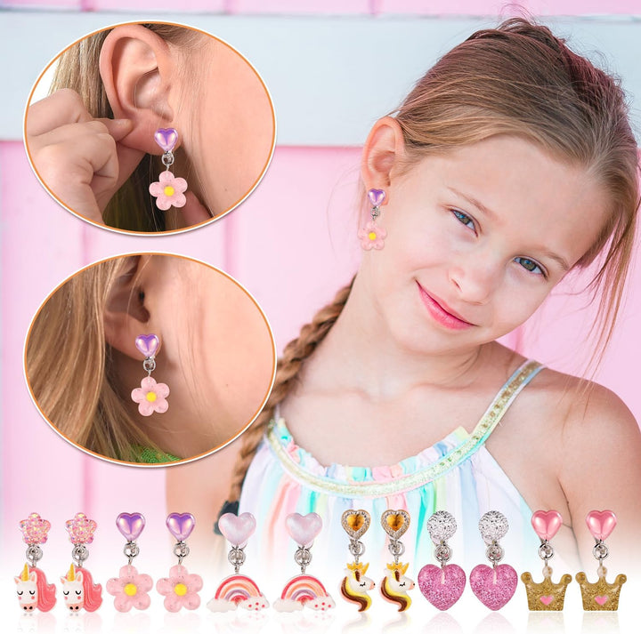 6 Pairs Clip on Drop Earrings, Colorful Non-Pierced Clip on Earrings Resin Rainbow Crown Flower Heart Clip on Earrings Ear Clips for Girls Kids Toddler Dress up Princess Jewelry Accessories