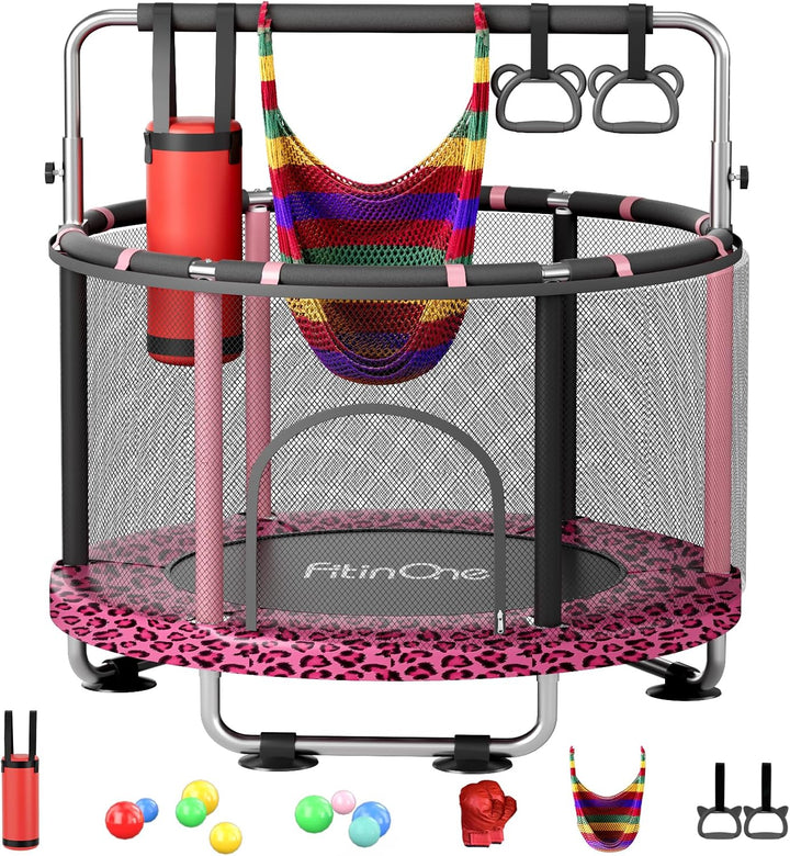 55" Toddler Mini Trampoline for Kids, Indoor Outdoor Toys with Swing, 440Lbs Baby Kids Trampoline, Gymnastics Bar, Birthday Gifts for Boy Girl Age 1-8