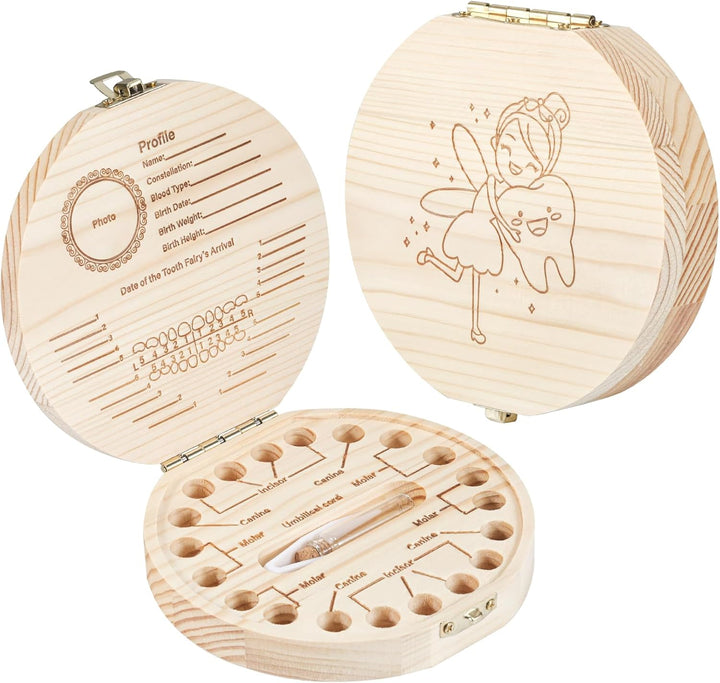 Tooth Fairy Tooth Holder Wooden Umbilical Cord Keepsake Box, Cute Baby Teeth Keepsake Box with Tweezer and Fetal Hair Container, Lost Tooth Fairy Box for Incisor|Canine|Molar|Umblllcal Cord