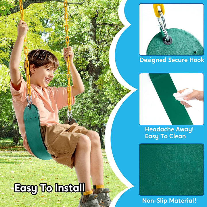 Heavy Duty Swing Seat Green Color with 66” Chain, Swing Set Accessories Replacement with Snap Hooks for Kids Outdoor Play Playground