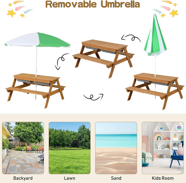Kids Picnic Table with Sensory Bins, 4 in 1 Sand and Water Table with Height Adjustable Umbrella, Removable Tabletop for Outdoor Backyard Patio Play