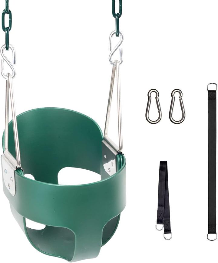Toddler Swing, 59" Coated Heavy-Duty Iron Chains Baby Swing Outdoor, High Back Full Bucket Infant Swing Seat with Tree Straps for Swing Sets Backyard Outdoor Indoor (Green)