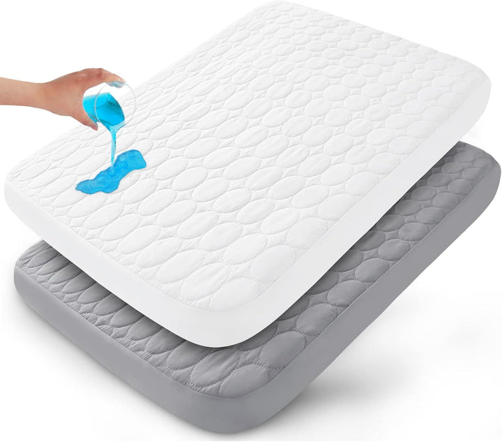 Pack and Play Sheets Fitted Quilted Waterproof Protector, 2 Pack Playard Mattress Pad Compatible with Graco Pack N Play, Mattress Cover Fits for Baby Playpen Mattress, Mini Crib, Gray & Navy Blue