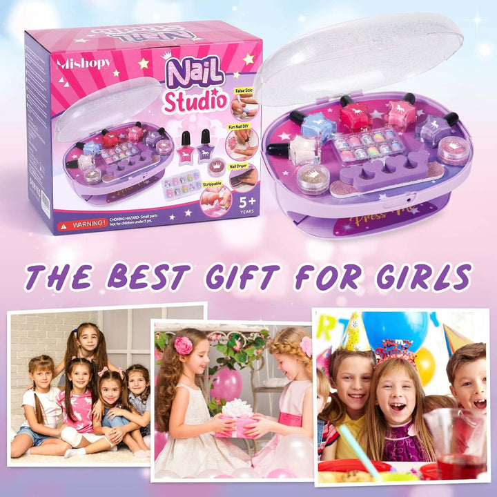 Kids Nail Polish Set for Girls, All-In-One Nail Art Kit - Dryer/ Glitter Powder/ False Nails/ Nail Decals/ Toe Separator/File, Age 3-12 Little Girl Gift Toys