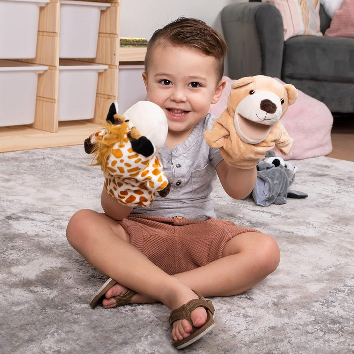 6Pcs Kids Hand Puppet Set with Working Mouth, Toddler Animal Plush Toy Includes Elephant, Giraffe, Lion, Bear, Raccoon and Monkey for Show Theater, Birthday Gifts for Kid Age 3+