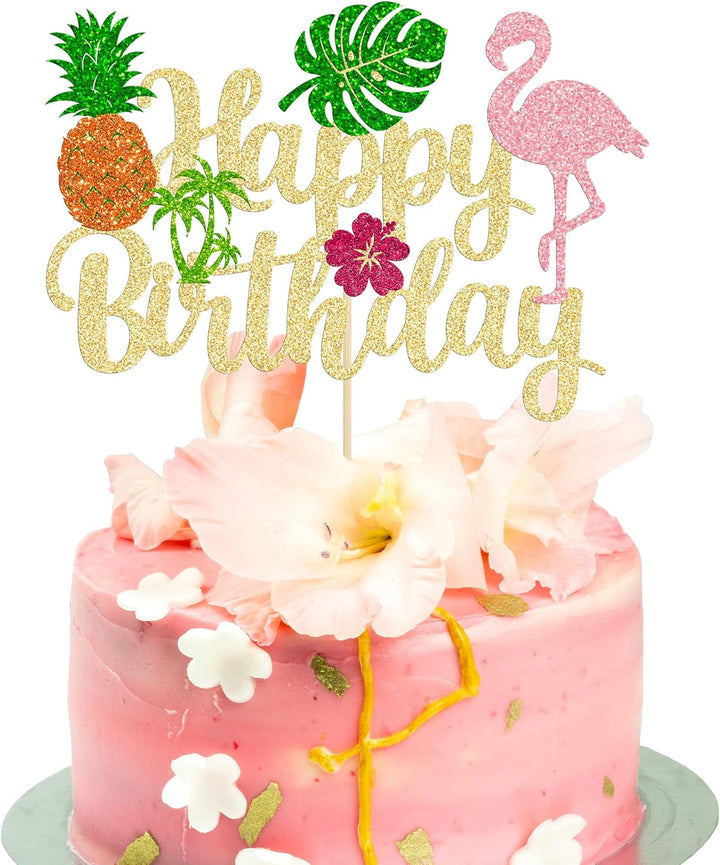1Pc Tropical Luau Happy Birthday Cake Topper Glitter Palm Tree Flamingo Pineapple Aloha Cake Pick Decorations for Hawaiian Luau Theme Birthday Party Supplies