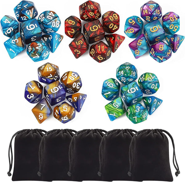 Polyhedral Dice Set (35 Pieces) with Black Pouches, 5 Complete Double-Colors Dice Sets of D4 D6 D8 D10 D% D12 D20 Compatible with Dungeons and Dragons DND RPG MTG Table Games