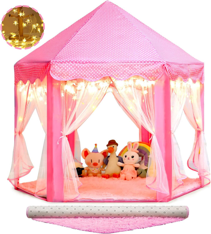 Princess Castle Tent for Girls Fairy Play Tents for Kids Hexagon Playhouse with Fairy Star Lights Toys for Children or Toddlers Indoor or Outdoor Games (Pink)