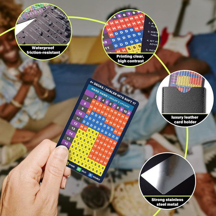 Blackjack Strategy Card -Stainless Steel Blackjack Basic Cards Allowed at Blackjack Table in the Casino 4+ Decks Hit Soft 17 with Leather Sleeve (Larger