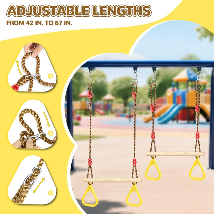 Wooden Trapeze Swing Bar, Adjustable Height Swing Set, Gym Rings, Playground Attachments, 16.5" Monkey Bar for Backyard, Playground, Playroom