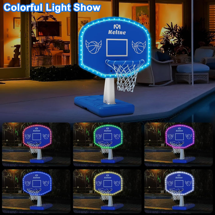 LED Pool Basketball Hoop Poolside, Large Solar Powered Basketball Hoop for Pool, Swimming Pool Basketball Game Toys with Lengthen Sturdy Base for Kids Adults, Includes 2 Balls and Pump