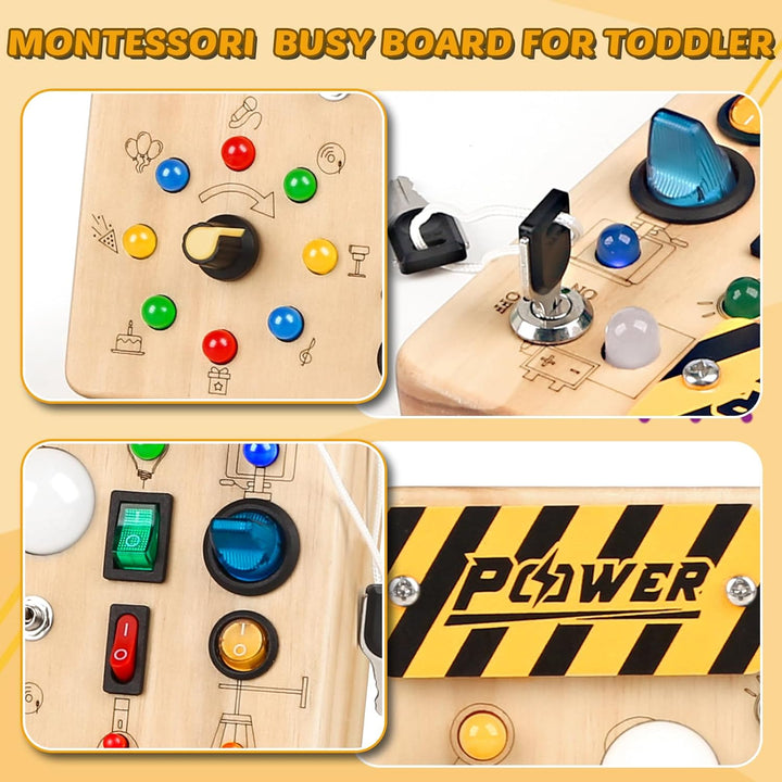 Montessori Toddler Busy Board, 19 Led Wooden Sensory Board Educational Toy, Montessori Toys for 1-6 Year Old, Travel Toys Gifts for Toddlers Boys and Girls