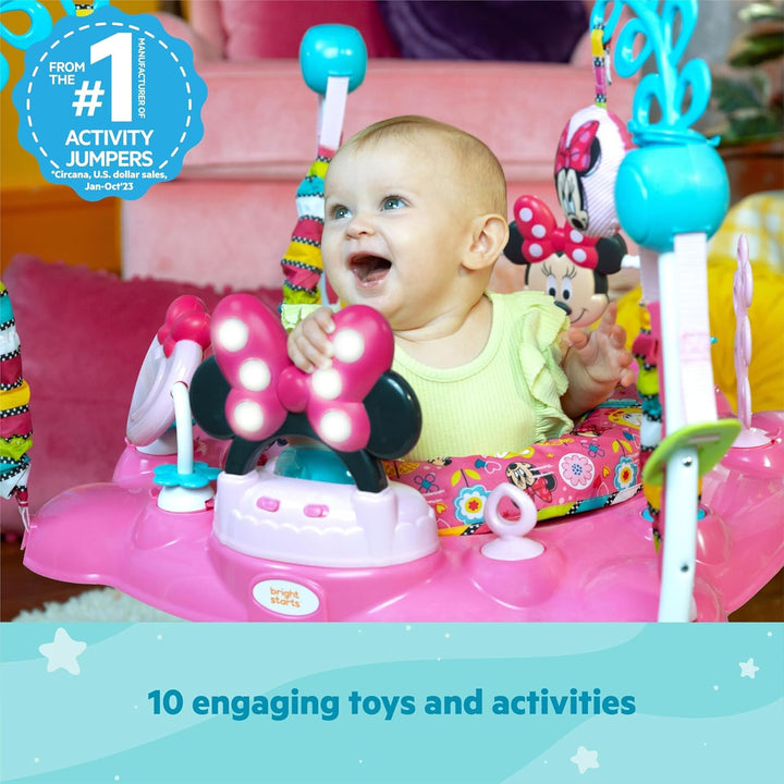 Disney Baby MINNIE MOUSE Peekaboo Baby Activity Center Jumper with 8 Toys, Lights & Sounds, 360-Degree Seat, 6-12 Months (Pink/Blue)