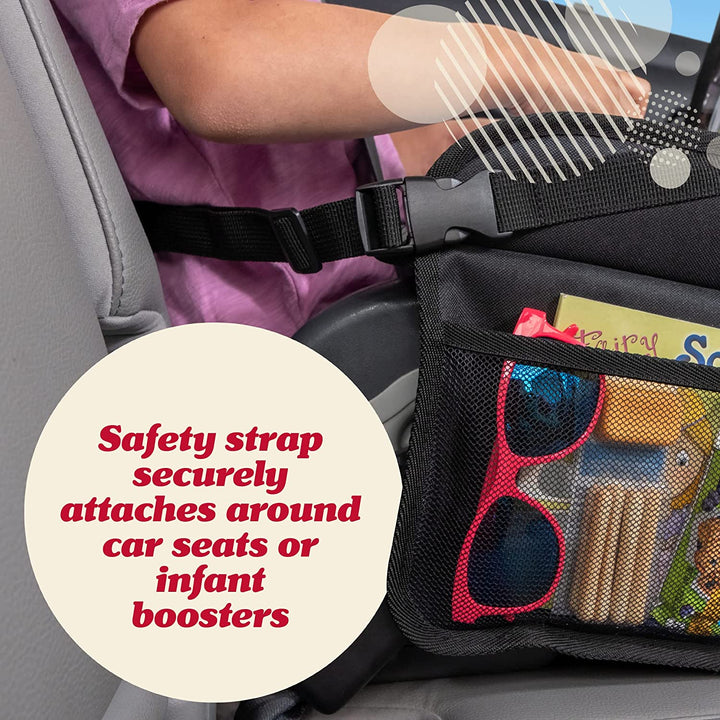 Car Seat Tray for Kids Travel - Black 600D Oxford Lap Desk Organizer with Dry-Erase Surface, Tablet Stand, Snack Holder & Cup Holder - Travel Tray for Kids Car Seat