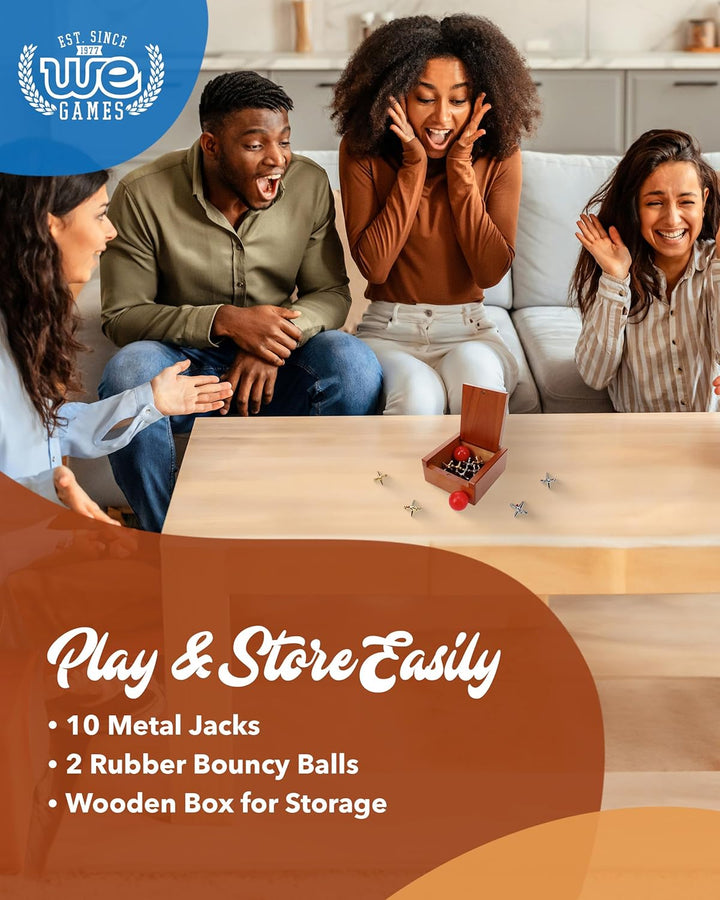 Metal Jacks Set – Classic Jacks Game with 2 Red Balls in Keepsake Wooden Box – Nostalgic Floor Game