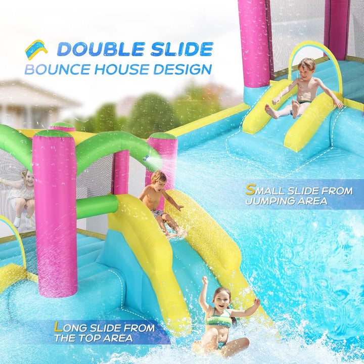Inflatable Bounce House with Double Water Slide for Kids Toddler Age 3-10, Splash Pool Water Cannons, Ring-Toss Games for Outdoor Backyard Fun Water Toys, Indoor Bouncy Castle with Air Blower