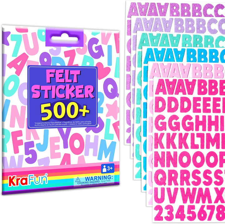 Felt Sticker Kit for Beginner Toddlers, Kids Arts & Crafts, Pack of 500 Assorted Scrapbook Stickers Alphabets, Numbers, Fun Shapes, Preschool, Children Early Learning, Self Adhesive