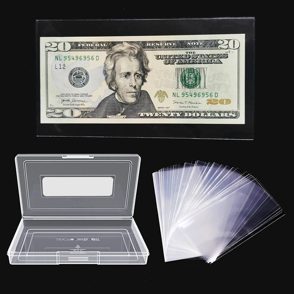 Dollar Bill Holder with Storage Case,  PP Material 100 Pieces Clear Paper Money Currency Collection Sleeves Protector Bag, Banknotes Protector Slab Holder
