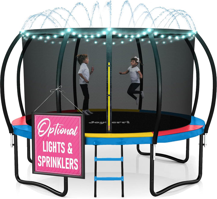 Trampoline Outdoor - ASTM Certified Safe, 8Ft, 10Ft, 12Ft, 14Ft, 15Ft, 16Ft Recreational Trampoline for Kids and Adults. Anti-Rust Coating with Enclosure Net, Ladder, Sprinkler & LED Lights