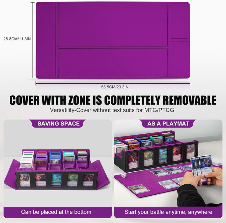 Trading Card Storage Box with Commander Display , 5-Row Deck Case with Removable Lid; 3900+ Card Deck Box for MTG TCG Sports Card, 5 Toploaders, 5 Stoppers, 48 Dividers,1 Dice Tray (Black Purple)